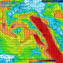Nel modello previsto per Domenica 28 Febbraio, alle ore 19:00, si evidenziano i venti forti da scirocco su tutta l'area Marsicana. Situazione molto critica in Adriatico.