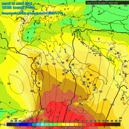 Modello GFS: valori di temperatura ad 850 hpa per le ore 13:00 di Marted' 22 Marzo che vede l'area marsicana tra i 10 e gli 11°c. Clima mite.