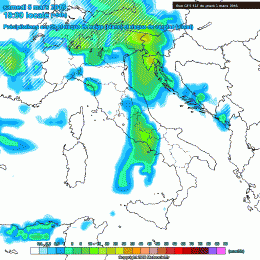 Modello GFS previsto per Sabato sera alle 19:00. In risalto la possibilità di precipitazioni su tutta la Marsica,con neve oltre i 1600m, sotto le correnti da libeccio