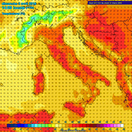 Temperature del modello GFS che vedono intorno alle ore 14:00 circa 20°c di massima ad Avezzano