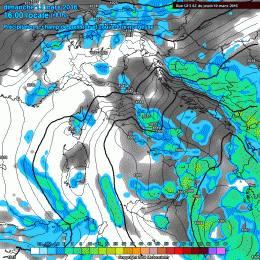 Modello previsionale GFS: per Domenica 13 Marzo, alle ore 16:00 il diffuso maltempo anche sulla Marsica orientale, con venti da est e neve oltre i 1000m circa