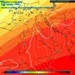 Modello GFS per Domenica mattina, con la pressione al suolo di circa 1017 mb sull'area Marsicana, si nota anche il geopotenziale piuttosto elevato di circa 576 / 580 DAM. Quindi bel tempo anche se non mancherà della nuvolosità alta e stratificata di passaggio.