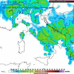 Modello GFS: si notano le precipitazioni che domenica pomeriggio saranno presenti sul territorio Marsicano