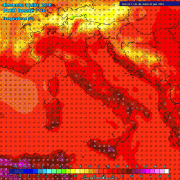 Modello previsionale GFS: le temperature previste per Domenica 3 Luglio alle 14:00. Nella Marsica saremo tra i 25°c del Parco Nazionale D'Abruzzo ai 29 dei dintorni del Fucino