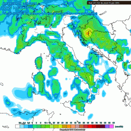 Modello GFS: precipitazioni che appaiono abbastanza diffuse nell'area Carseolana e Marsicana nella sera di Domenica 19 Giugno