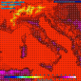 Modello GFS: si evidenziano le temperature previste per la giornata di Domenica. Nella Marsica si supereranno i 30°c.