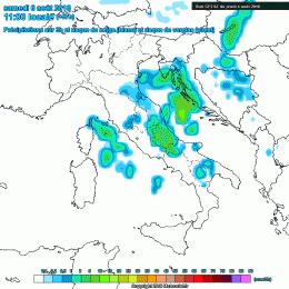 Modello GFS: si notano le precipitazioni previste per Sabato 6 Agosto a carattere moderato su gran parte dell'Abruzzo e quindi del territorio Marsicano