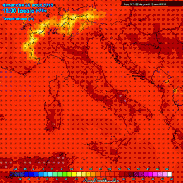 Modello GFS: si notano le temperature previste per Domenica, anche sul territorio Marsicano.