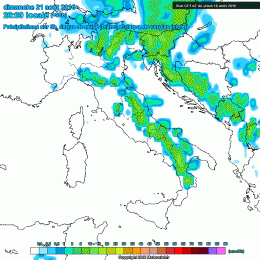 Modello GFS: condizioni per l'Italia e quindi anche l'area Marsicana, nella sera di Domenica 21 Agosto, con piogge e temporali anche forti in alcune zone come il Parco Nazionale D'Abruzzo