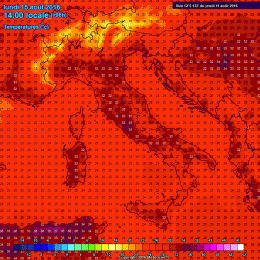 Modello GFS: si notano i valori massimi previsti per il giorno di ferragosto, con l'area Marsicana che potrà sfiorare i 30°c nella conca del Fucino