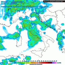 Modello GFS previsto per Domenica 18 Settembre alle ore 14.00: possibilità di piogge su gran parte dell'Abruzzo e quindi anche il territorio Marsicano