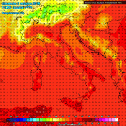 Modello GFS: i valori delle temperature,previste per Domenica, massime se vogliamo, sulla penisola Italiana, nell'area Marsicana si potranno anche superare i 20°c.