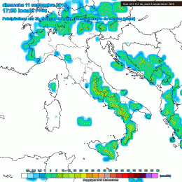 Modello GFS: in risalto le zone con le precipitazioni nella giornata di Domenica 11 Settembre nel pomeriggio. Nelle zone Marsicane potranno esserci fenomeni anche tra moderati e forti.