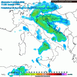 Il modello previsionale GFS per Domenica mattina alle ore 11:00 vede delle deboli piogge sul Carseolano, ma in estensione nel corso del pomeriggio anche sul resto della Marsica