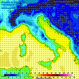 Il modello americano GFS mostra le temperature al mattino alle ore 7:00 sull'Italia. Nella Marsica avremo valori ampiamente sotto lo zero