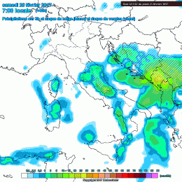 Il modello GFS per le prime ore di Sabato 25 Febbraio. Si nota il maltempo a carattere moderato anche sulla Marsica, con piogge e nevicate oltre i 700 m circa