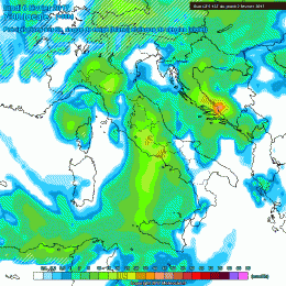 Modello GFS per Lunedì mattina, 6 Febbraio. Si nota il maltempo su tutto il settore Marsicano con piogge e nevicate oltre i 1500 m circa