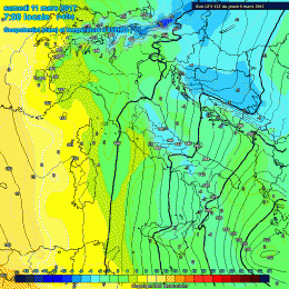 Il modello GFS ci mostra i valori del campo termico ad 850 hpa per la mattina di Sabato. Si notano le correnti di provenienza nord-orientali, fredde, ed appunto con valori ad 850hpa sui -2°c