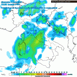 Il modello GFS mostra le piogge previste per la mattina di Domenica 5 Marzo, sull'area Marsicana