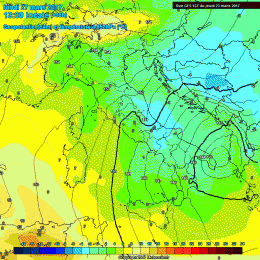 Nella figura i valori ad 850 hpa previsti per Lunedì 27 Marzo alle ore 13:00. Farà piuttosto freddo anche sulla Marsica,presa meno rispetto ai versanti orientali Abruzzesi