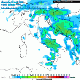 Nella mappa, la situazione prevista per Domenica 16, giorno di Pasqua. Cielo nuvoloso con delle precipitazioni anche sul settore Marsicano