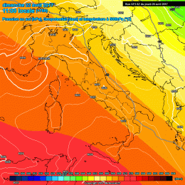 Nella figura la situazione prevista per Domenica 23 Aprile, a 500 hpa, con i geopotenziali in aumento per l'alta pressione