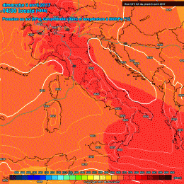 Il modello GFS mostra la situazione a 500hpa nella giornata di Domenica delle Palme, 9 Aprile, in cui si notano i geopotenziali in aumento. Bel tempo e temperature gradevoli