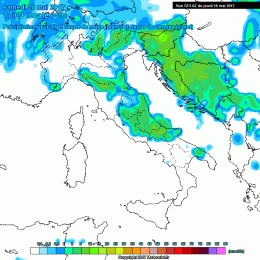 Nella figura si notano le piogge previste per domani Sabato 20 Maggio, nelle ore pomeridiane, secondo il modello GFS.