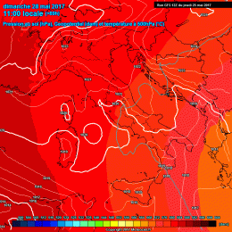 Situazione a 500 hpa prevista da GFS nella giornata di Domenica 28 Maggio. Il tempo sulla Marsica sarà bello e con temperature simil estive