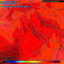 In figura la situazione prevista ad 850 hpa secondo GFS nella giornata di Mercoledì, che mette in risalto i valori di 26 e 27°c proprio sulla Marsica. Giornata molto calda, anche in montagna.