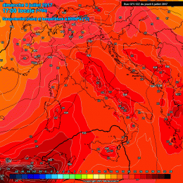 In figura la situazione ad 850 hpa prevista per la giornata di Domenica 9 Luglio secondo GFS. Molto caldo su tutta la Marsica