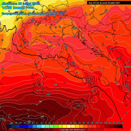 La situazione ad 850 hpa prevista dal modello americano GFS per Domenica 23 Luglio. Caldo e cielo poco nuvoloso su tutta la Marsica.