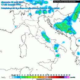 In figura si nota la situazione delle precipitazioni per Domenica 20 Agosto, alle ore 17:00 circa. La Marsica orientale potrà ricevere qualche rovescio
