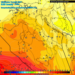 In figura la situazione ad 850 hpa per la mattina di Domenica 13 Agosto. Clima più fresco su tutta la Marsica.