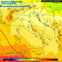 Nella figura la situazione secondo GFS ad 850 hpa nella giornata di Domenica 24 Settembre. Temperature gradevoli, in un contesto meteo buono al mattino, mentre addensamenti nel pomeriggio.