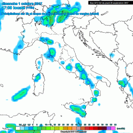 In figura la situazione dei fenomeni secondo GFS nel pomeriggio di Domenica 1 Ottobre. Si nota la possibilità di qualche pioggia nell'area del Parco Nazionale.