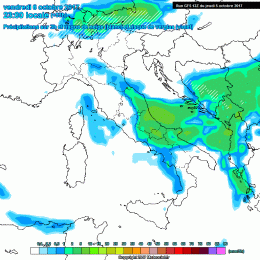 In figura il modello GFS mostra la situazione di stasera Venerdì 6 Ottobre, in cui avremo piogge anche sui settori Marsicani a carattere moderato