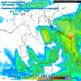 In figura la situazione riferita alle precipitazioni nella notte tra Lunedì e Martedì secondo GFS. Maltempo con possibilità di nevicate su buona parte del territorio Marsicano.