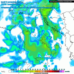 Il modello GFS mostra la situazione delle precipitazioni nella giornata di Lunedì 6 Novembre. Piogge a carattere moderato su tutta la Marsica, anche forti nelle ore tra la sera e la notte.