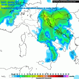 Nella figura, la situazione secondo il modello GFS per la giornata di Capodanno alle ore 19:00. Piogge moderate e neve oltre i 1700 m circa.
